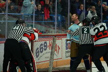 Pictured above: Jared Keeso engages in a scripted tussle at the Sudbury Community Arena for Shoresy Season 2
